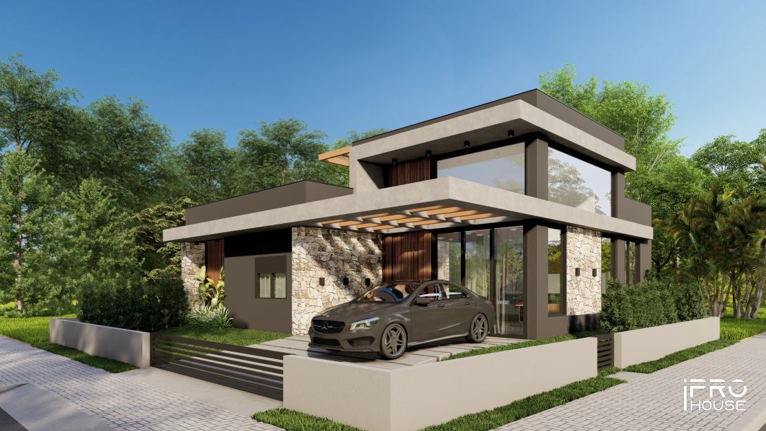 Projeto residencial contemporâneo com pedra natural, vidro e cobertura plana