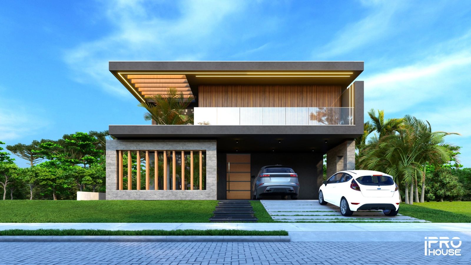 Casa concreto aparente e ripado de madeira